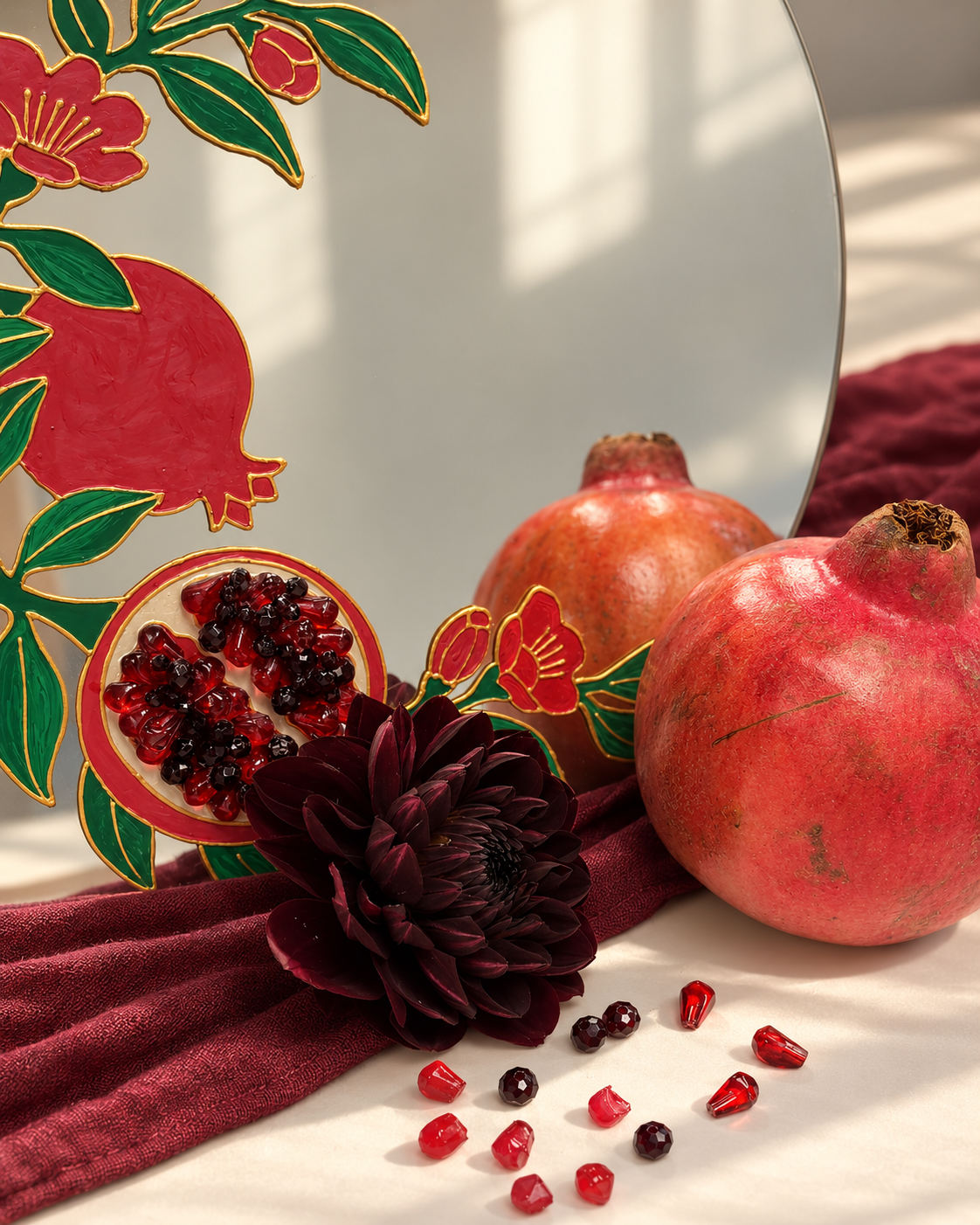 Finished pomegranate mirror with a real pomegranate and burgundy flower
