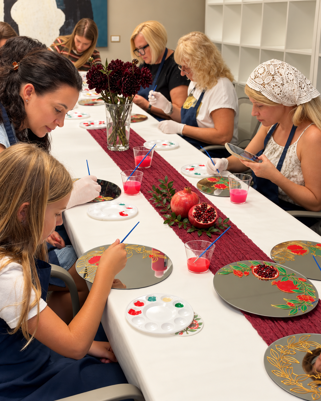 Guests painting pomegranate mirrors together around the workshop table