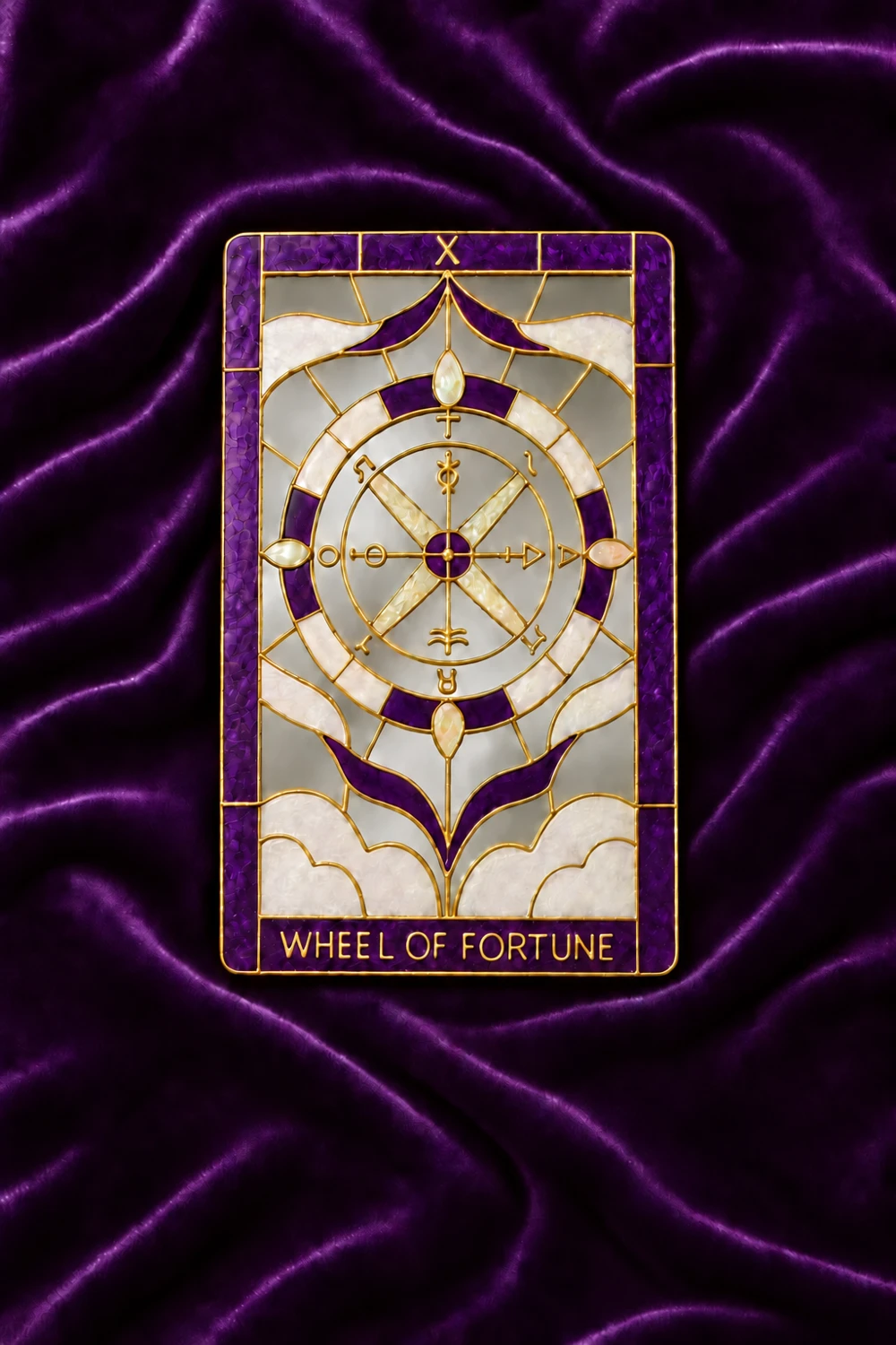 Wheel of Fortune tarot mirror in deep purple with gold outlines