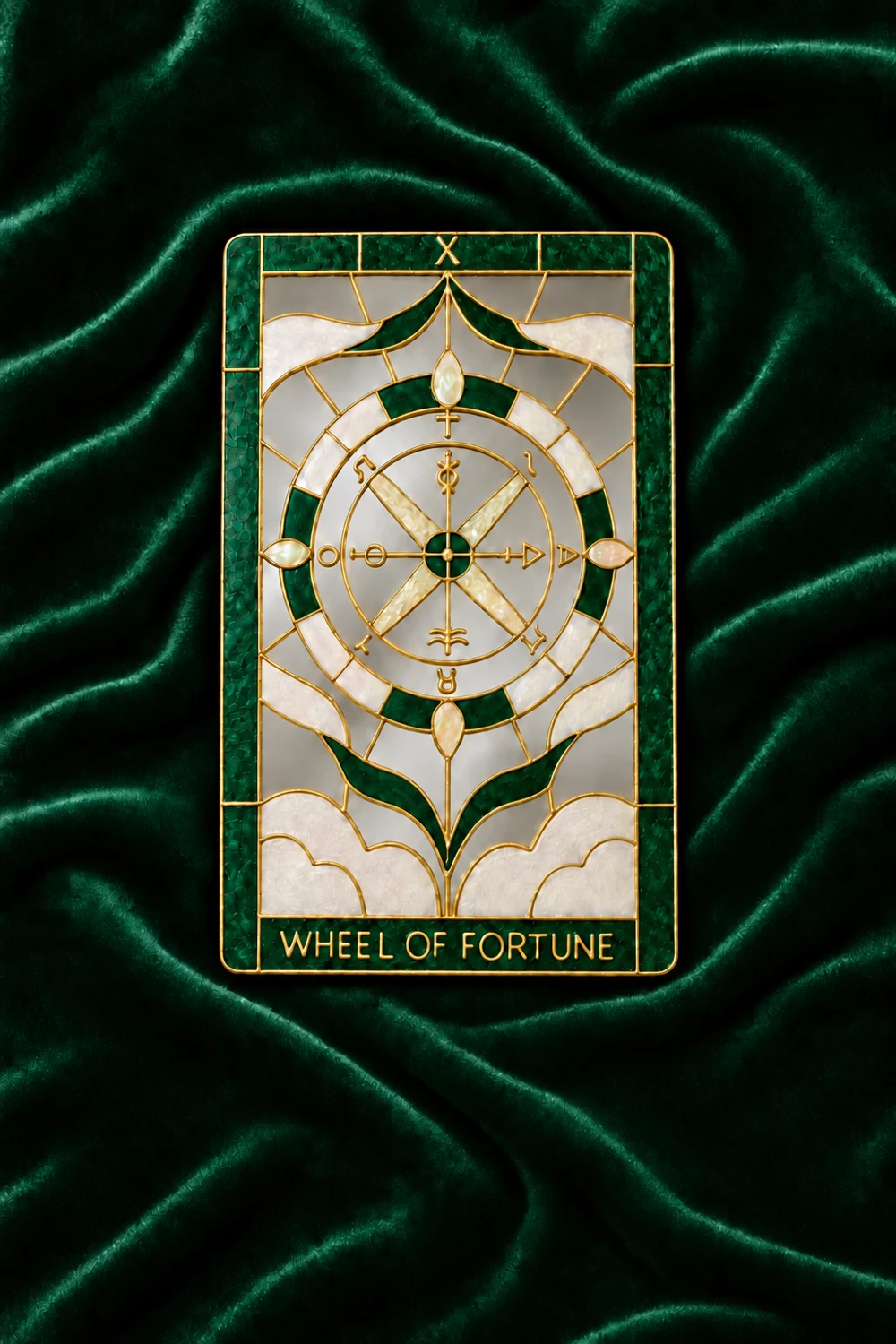 Wheel of Fortune tarot mirror in rich green with gold outlines