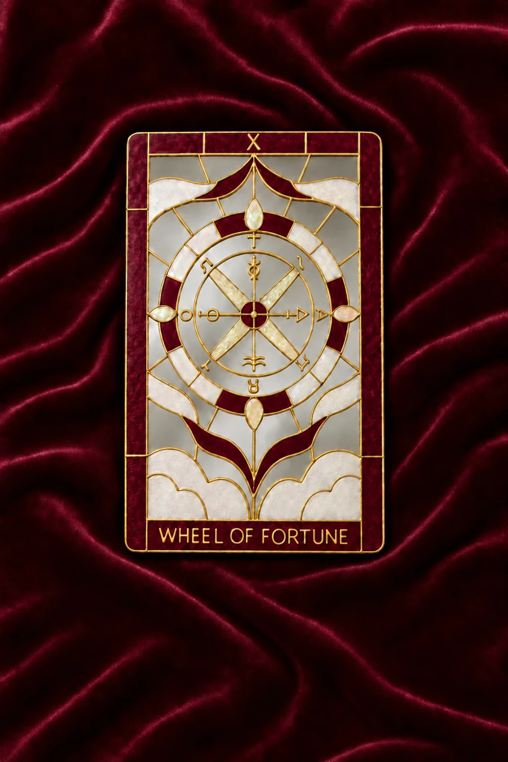 Wheel of Fortune tarot mirror in burgundy red with gold outlines