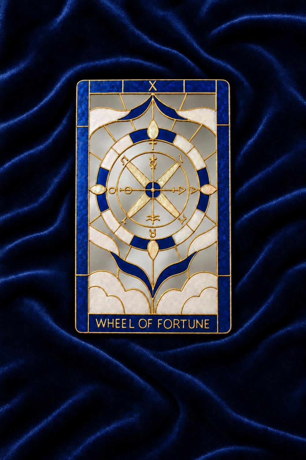 Wheel of Fortune tarot mirror design in blue, pearl and gold